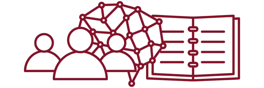 garnet iconography with people, brain, and open notebook