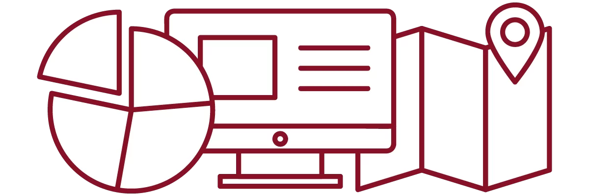garnet iconography with pie graph, computer, and trifold with map marker