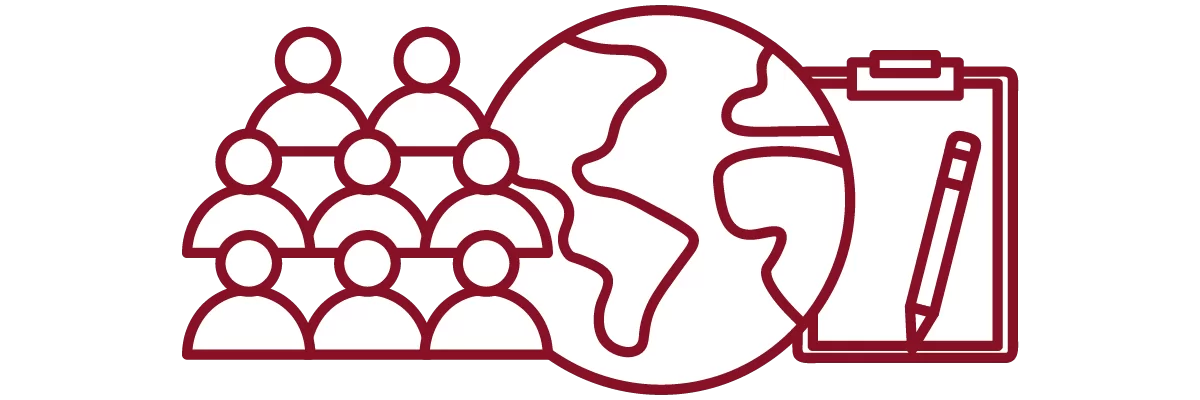 garnet iconography with crowd of people, globe, clipboard and pencil