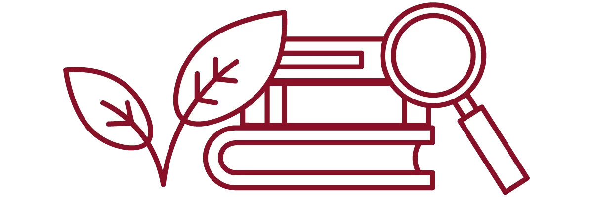 garnet iconography with stack of books, magnifying glass, and leaf