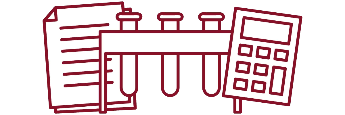 garnet iconography with test tubes, calculator, and stack of papers