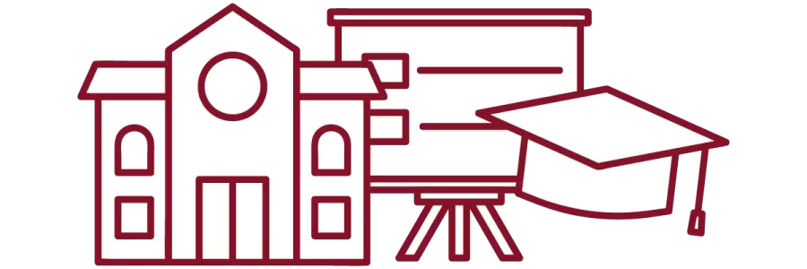 garnet iconography with academic building, presentation slide, and graduation cap