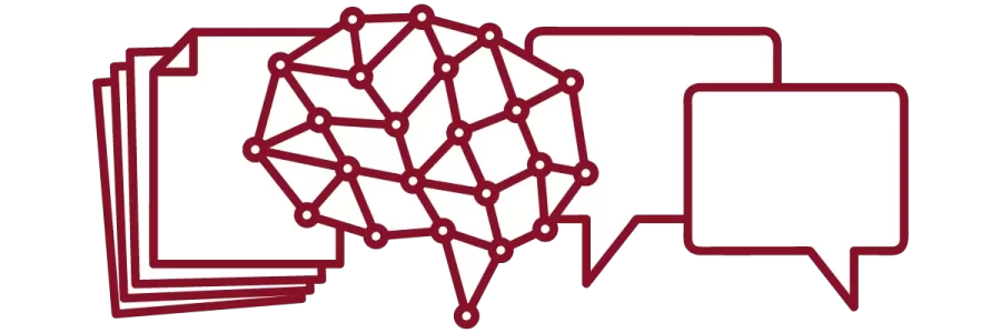 garnet iconography with stack of papers, brain, and speech bubbles