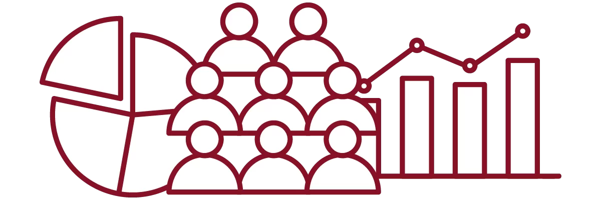 garnet iconography with pie chart, crowd of people, and bar chart
