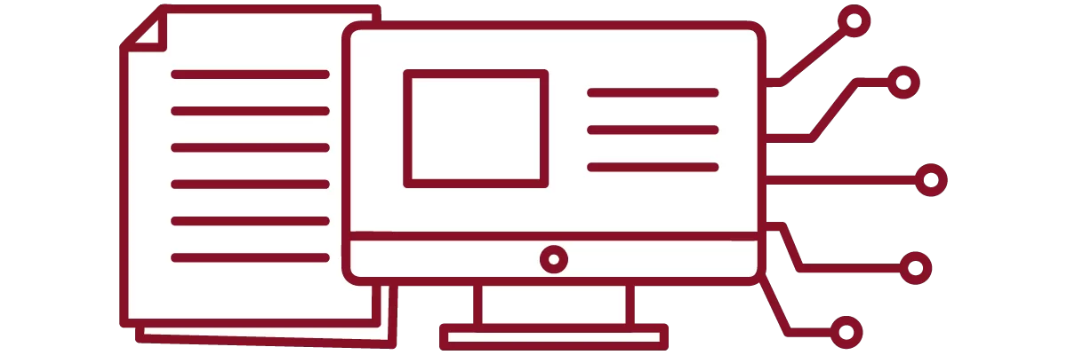 garnet iconography with desktop computer, circuit pathways, and stacked paper