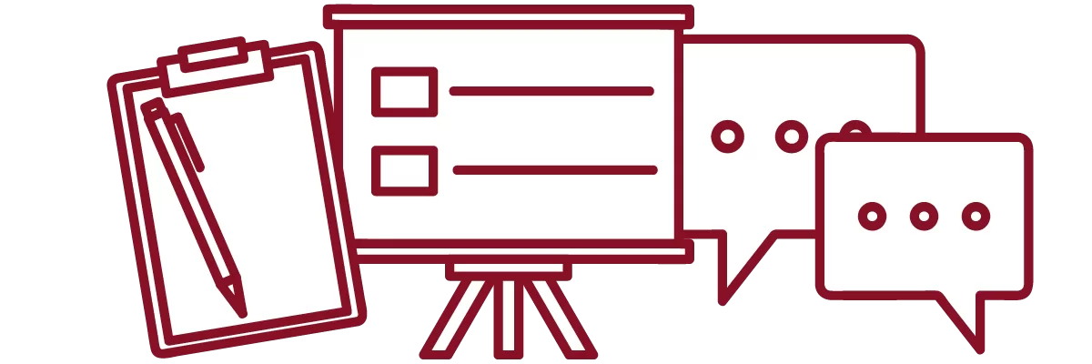 garnet iconography with speech bubbles, presentation slide, and clipboard with pen