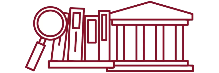 garnet iconography with magnifying glass, books, and academic building