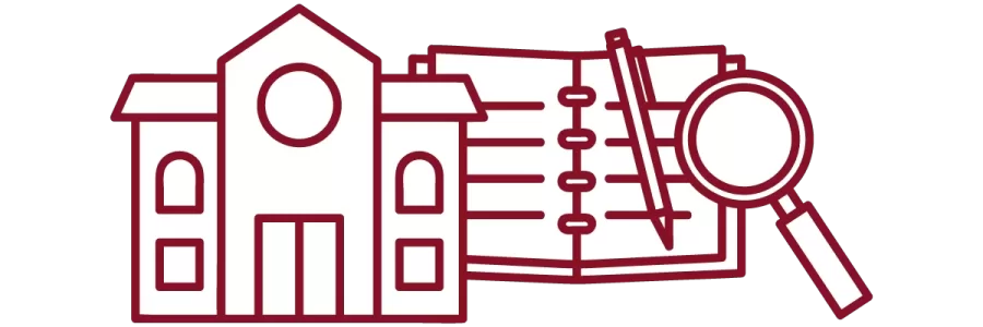 garnet iconography with academic building, open notebook with pen, and magnifying glass
