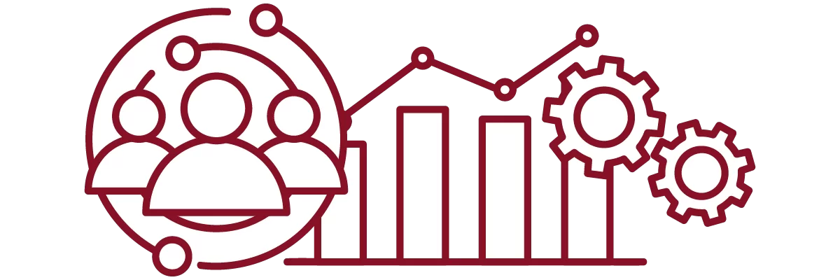 garnet iconography with people in front of concentric circles, bar chart, and interlocking gears