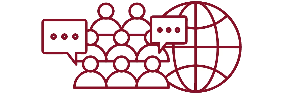 garnet iconography with speech bubbles, crowd of people, and globe
