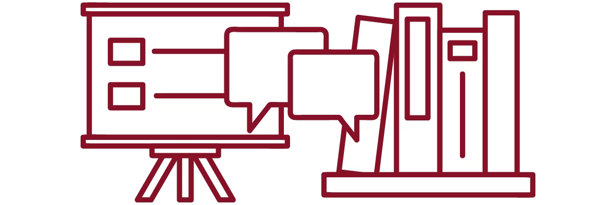 garnet iconography with presentation slide, speech bubbles, and books