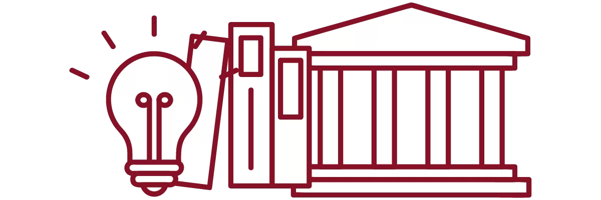 garnet iconography with light bulb, books, and academic building