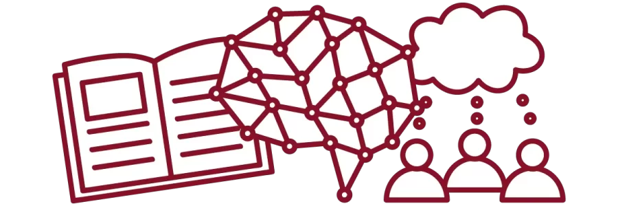 garnet iconography with open book, brain, and people with thought bubble