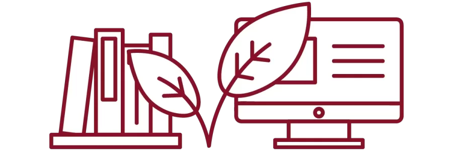 garnet iconography with books, leaf, and desktop computer