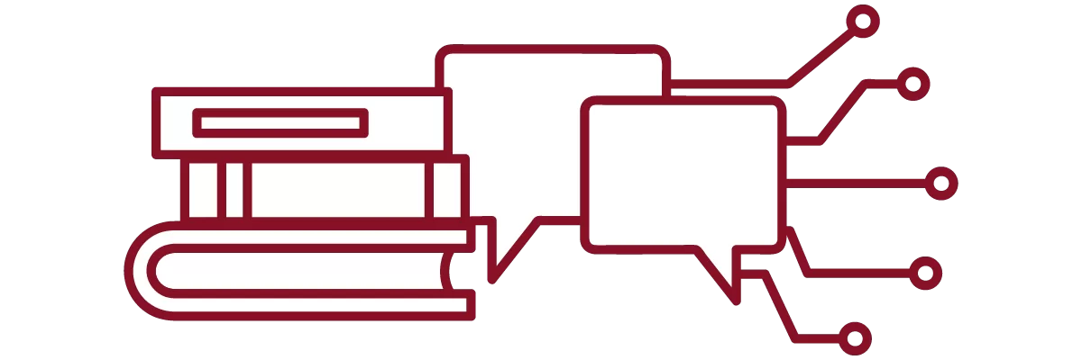 garnet iconography with stack of books, speech bubbles, and circuit pathways