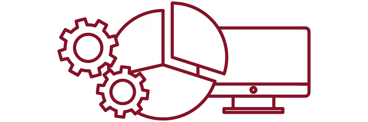 garnet iconography with gears, pie chart, and desktop computer