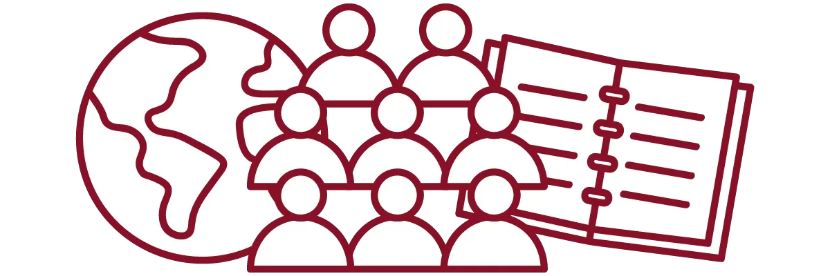 garnet iconography with crowd of people, notebook, and globe