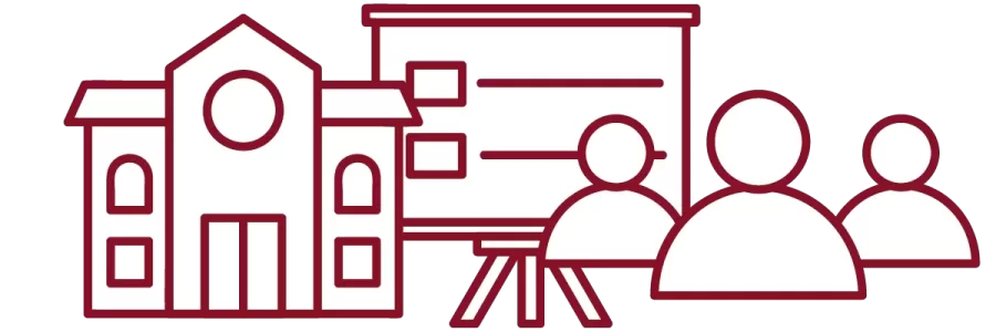 garnet iconography with academic building, presentation slide, and people