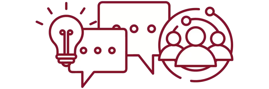 garnet iconography with lightbulb, speech bubbles, people, and concentric circles