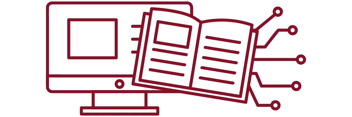 garnet iconography with desktop computer, open book, and circuit pathways