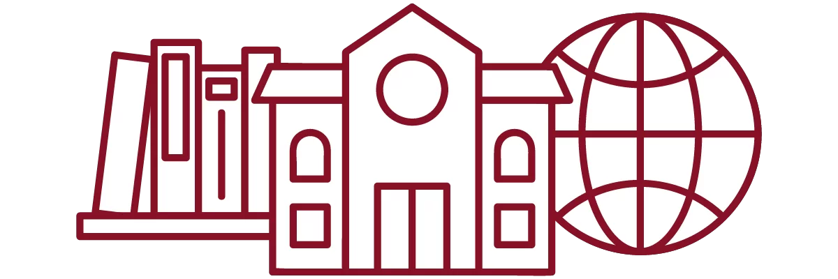 garnet iconography with books, academic building, and globe