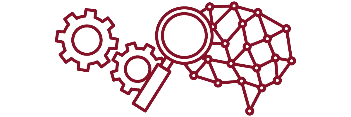 garnet iconography with gear icons, magnifying glass, and brain