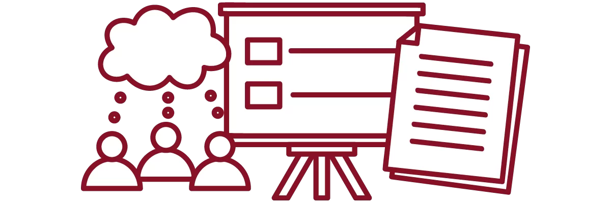 garnet iconography with people, speech bubble, presentation slide, and stack of papers