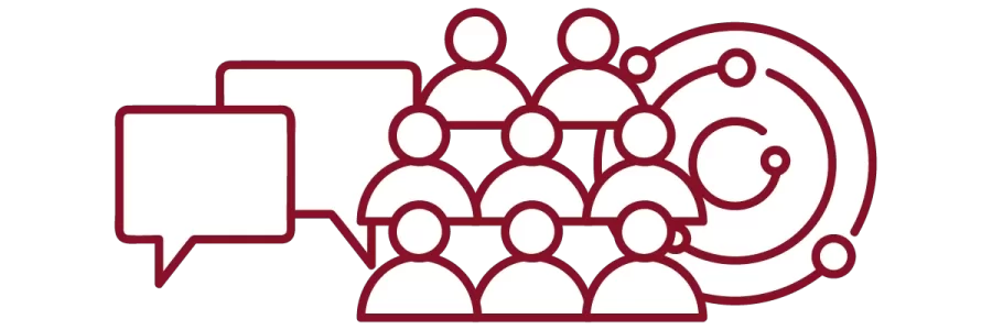 garnet iconography with speech bubbles, crowd of people, and concentric circles