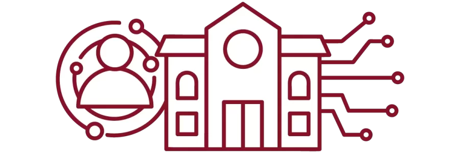 garnet iconography with person, concentric circles, academic building, and circuit paths