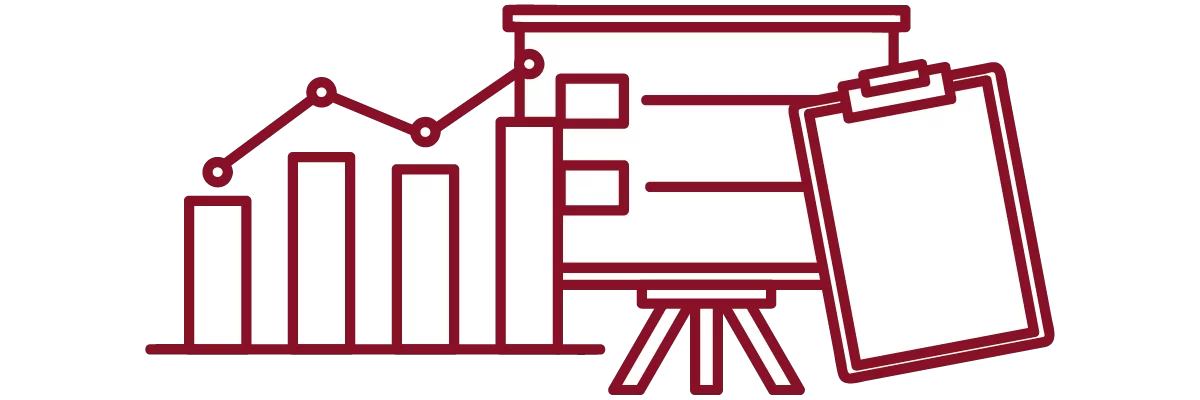 garnet iconography with bar chart, presentation slide, and clipboard