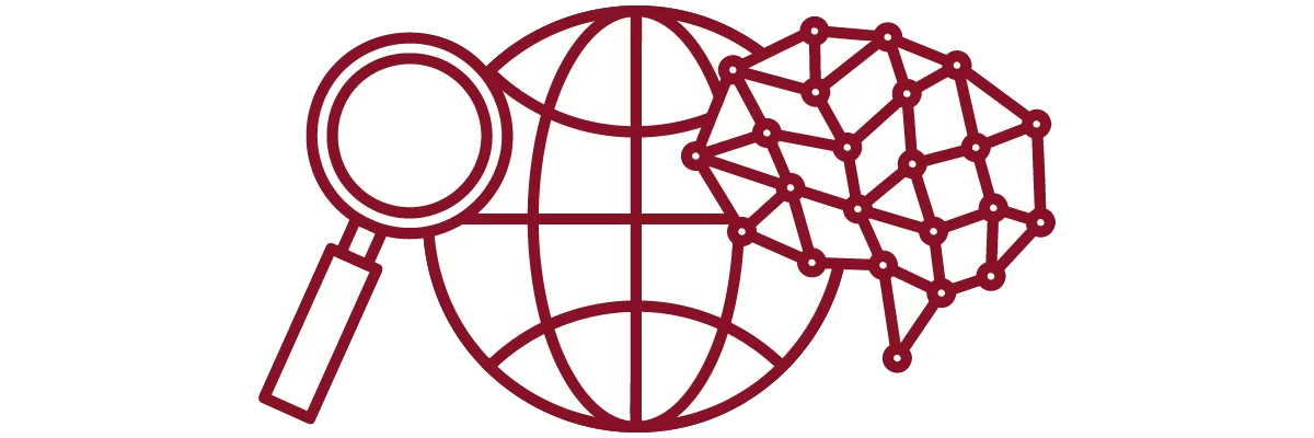 garnet iconography with magnifying glass, globe, and brain