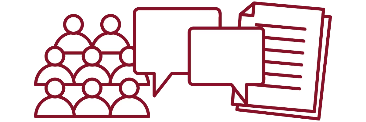 garnet iconography with crowd of people, speech bubbles, and stack of papers