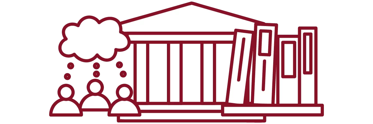 garnet iconography with people, speech bubble, academic building, and books