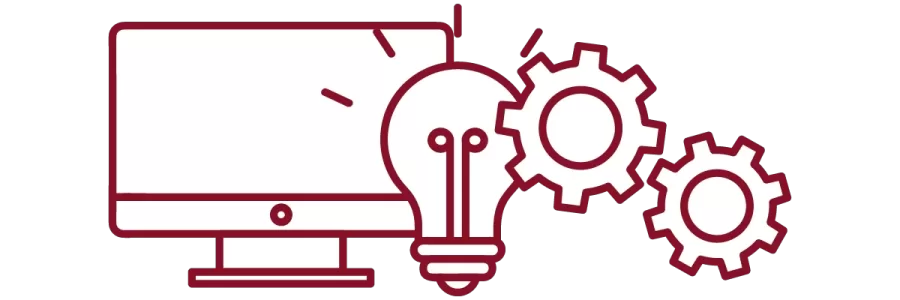 garnet iconography with desktop computer, lightbulb, and gears