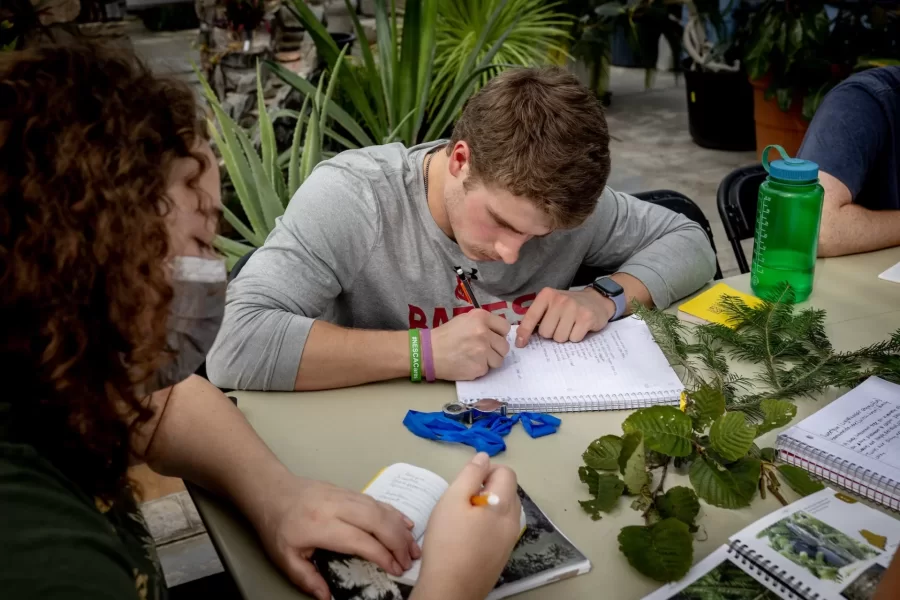 “Usually at this hour, we’d be down in the lecture hall.”

—	Associate Professor of Biology Brett Huggett explaining why he took his dendrology students to the Carnegie Greenhouse rather than have them remain in the classroom to identify tree species.

Huggett teaches BIO 271/Dendrology and the Natural History of Tree, a field-based course in which students engage in the scientific study of the natural history and identification of trees and important shrubs native to New England, and some commonly planted non-native trees. Topics include the anatomy, function, taxonomy, biology, and uses of trees. Lecture topics support weekly outdoor laboratories, which may include trips to such field sites as the Saco Heath, Thorncrag Bird Sanctuary, and Wolfe's Neck State Park. Study of the woody flora of New England serves as a foundation for further work in biology, environmental studies, conservation, or related fields.

(Phyllis Graber Jensen/Bates College)

#batescollege #biology #stem #tress #dendrology #liberalarts #faculty #lab