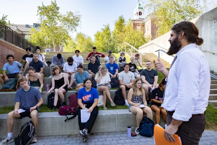 Assistant Professor of Classical and Medieval Studies Mark Tizzoni fishes up teaching on the steps between Pettengill and Lane halls on the morning of Sept. 7, 2023.

His course is titled “CMS 291 - Colonization and Resistance in Late Antique North Africa” and it’s described this way:


While treated by some scholars as peripheral, North Africa was and is a central arena in global history. This course examines the Maghreb in the dynamic period of transformation that saw the Roman Empire devolve into separate political and social entities, ca.200-700 C.E. In these critical centuries, North Africa and North Africans served both as anchors preserving Roman culture and society, and key agents in its transformation and devolution. Approaching the topic through primary and secondary sources, this course focuses on key themes: colonization and resistance, ethnicity and identity, and cultural and social cohesion. Recommended background: CM/HI 102.
