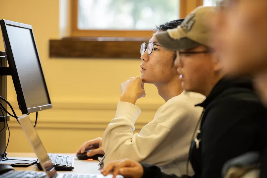 Visiting Assistant Professor of Digital and Computational Studies Chris Agbonkhese teaches DCS 109 - Intro to Computer Science for Software Development” in Hedge G18 on Oct. 4, 2023.

This course is an introduction to computational thinking and problem solving via an introduction to computer programming, designed for students interested in broadly applying computing and software solutions across a range of disciplines. It considers computing as a discipline of study, exploring the representation and manipulation of data, fundamental algorithms, efficiency, and limits of computing. Students learn fundamentals of computer programming using Python, including basic data structures, flow control structures, functions, recursion, elementary object-oriented programming, and file I/O, as well as discussion of higher-level concepts including abstraction, modularity, reuse, testing, and debugging. By implementing programs in contexts such as image processing, voting algorithms, DNA sequence analysis, and simple games, students develop an understanding of computational problem solving and gain experience in broadly applicable software development skills.

One of the topics presented and discussed was “recall: for loop and if-statements.”