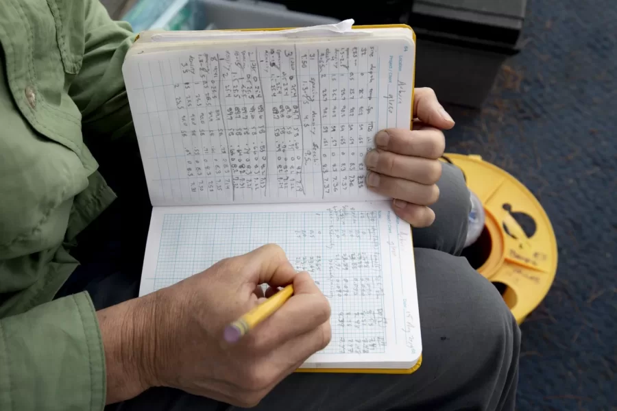 Supervised by Holly Ewing, Christian A. Johnson Professor of Interdisciplinary Studies, environmental studies major Christopher Castaneda ’20 takes water samples from Lake Auburn. He’s studying nutrients produced by algae and consumed by other organisms in the lake. Related to the impacts of algae blooms on water quality, the research supports community efforts to deliver unfiltered public water at the lowest price. 

On the boat with 
Water treatment manager and lab director Chris Curtis (in blue shirt) and Lindsay Bates and Dan Fortin, water quality technicians (Bruins sweatshirt)