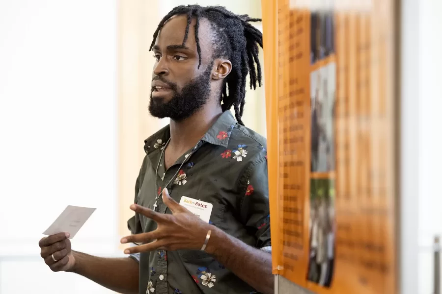 Students present a poster session about their summer research on Friday afternoon, Sept. 27, 2024, during Back to Bates Weekend, as families and alumni arrive on campus to register and spend time together.