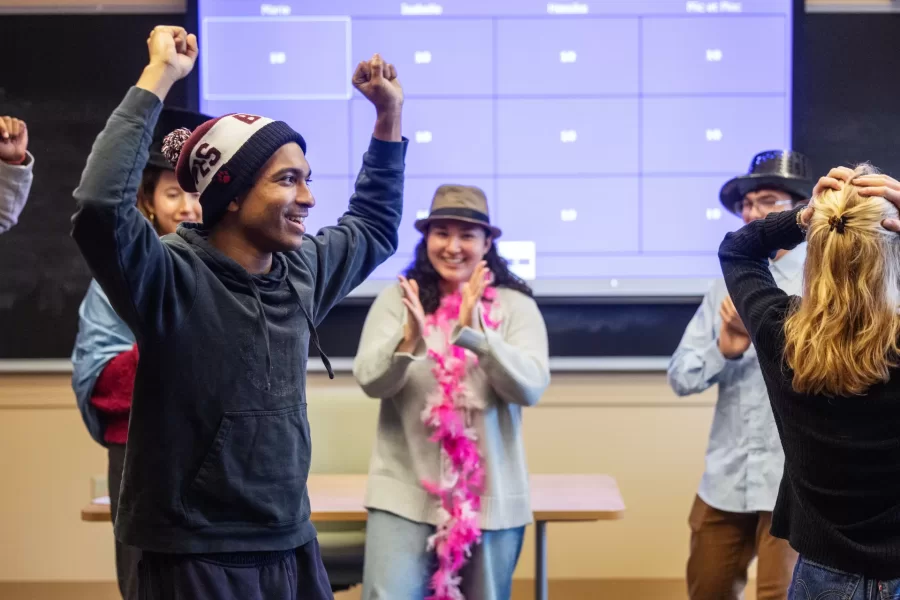 Moments from inside Laura Balladur's course FR205 in Roger WIlliams Hall captured on March 16th, 2026. Monday's are a performance day and often include theater-based games and improv.(Theophil Syslo | Bates College)

Laura Balladur is Lecturer in the French and Francophone Studies department at Bates College since 2003. Her broad interests include translation both in theory and practice, cinema, the relationship between literature and science, and the embodied mind. Her dissertation “Imagination, Physiology, and the Dynamics of Representation” (2005) explored the emergence of proto-biology in various 17th and 18th-century scientific texts in Europe. She has published on translation as well as on the history of science. Her latest article offered an alternate reading to Descartes’s dualism. True to her other undergraduate degree in Studio Arts, she keeps returning to her interest in creative projects. Currently, she is working on a creative non-fiction project describing our relationship with the Democratic Republic of the Congo, both past and present. With a generous Faculty Development Grant (April 2022), she traveled to the colonial archives in Brussels, followed by a trip to the Democratic Republic of Congo, in the North and South Kivu capitals: Goma, in the foothills of Mt Nyiragongo, and Bukavu, at the southern tip of Lake Kivu. She wanted to follow the imprints of colonial-era infrastructures onto the present-day territory. The collected voices from the many guides she met reveal the lasting wounds of colonialism with its persisting extractive economies that form the bedrock of our modern life. During the trip to the DRC, she taught a two-hour workshop on The Art of Creative Non-Fiction at the Université Catholique de Bukavu. In Fall 2022, students in her translation course met over Zoom with a few students from Bukavu who participated in that summer’s workshop. Her students’ translations along with the originals can be found here: Bridges to Bukav