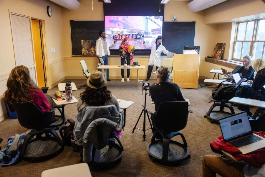 Moments from inside Laura Balladur's course FR205 in Roger WIlliams Hall captured on March 16th, 2026. Monday's are a performance day and often include theater-based games and improv.(Theophil Syslo | Bates College)

Laura Balladur is Lecturer in the French and Francophone Studies department at Bates College since 2003. Her broad interests include translation both in theory and practice, cinema, the relationship between literature and science, and the embodied mind. Her dissertation “Imagination, Physiology, and the Dynamics of Representation” (2005) explored the emergence of proto-biology in various 17th and 18th-century scientific texts in Europe. She has published on translation as well as on the history of science. Her latest article offered an alternate reading to Descartes’s dualism. True to her other undergraduate degree in Studio Arts, she keeps returning to her interest in creative projects. Currently, she is working on a creative non-fiction project describing our relationship with the Democratic Republic of the Congo, both past and present. With a generous Faculty Development Grant (April 2022), she traveled to the colonial archives in Brussels, followed by a trip to the Democratic Republic of Congo, in the North and South Kivu capitals: Goma, in the foothills of Mt Nyiragongo, and Bukavu, at the southern tip of Lake Kivu. She wanted to follow the imprints of colonial-era infrastructures onto the present-day territory. The collected voices from the many guides she met reveal the lasting wounds of colonialism with its persisting extractive economies that form the bedrock of our modern life. During the trip to the DRC, she taught a two-hour workshop on The Art of Creative Non-Fiction at the Université Catholique de Bukavu. In Fall 2022, students in her translation course met over Zoom with a few students from Bukavu who participated in that summer’s workshop. Her students’ translations along with the originals can be found here: Bridges to Bukav