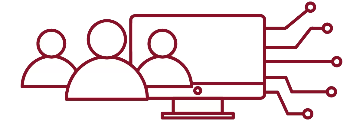 garnet iconography with desktop computer, three people, and network