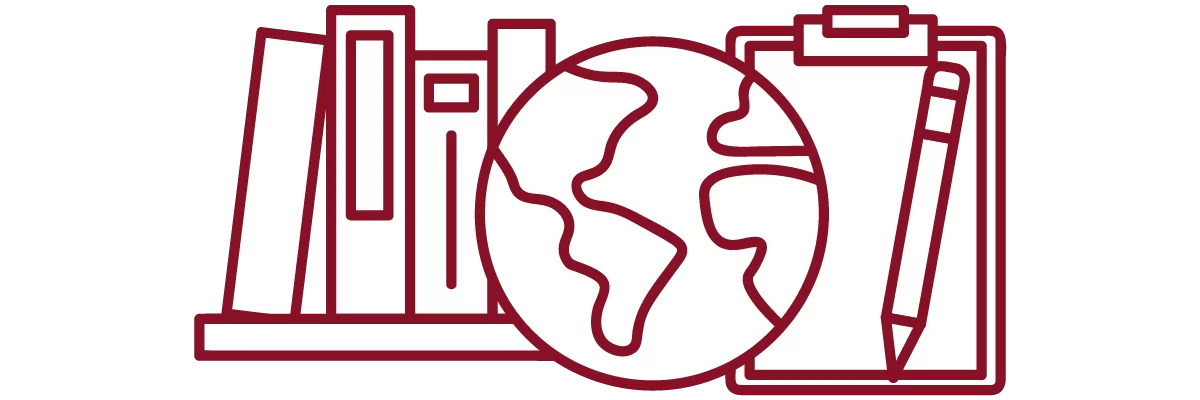 garnet iconography with books on a shelf, globe, clipboard, and pen