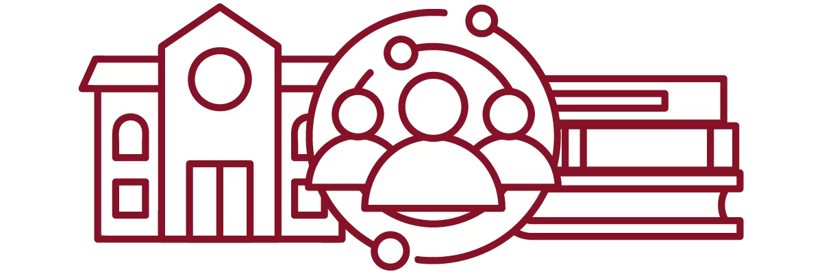 garnet iconography with academic building, people, and stack of books