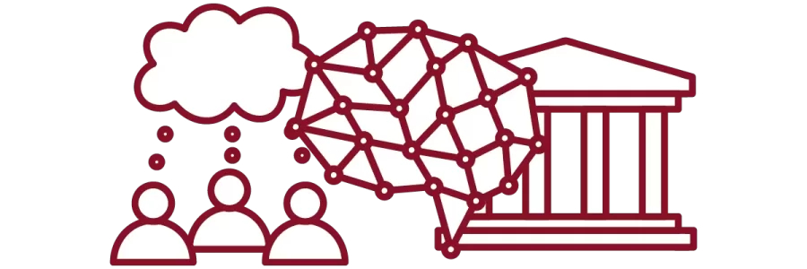 garnet iconography with people, brain, and academic building