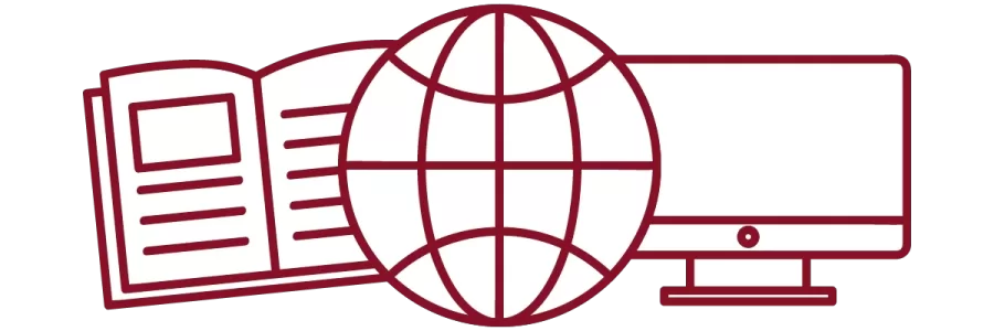 garnet iconography with open book, globe, and desktop computer