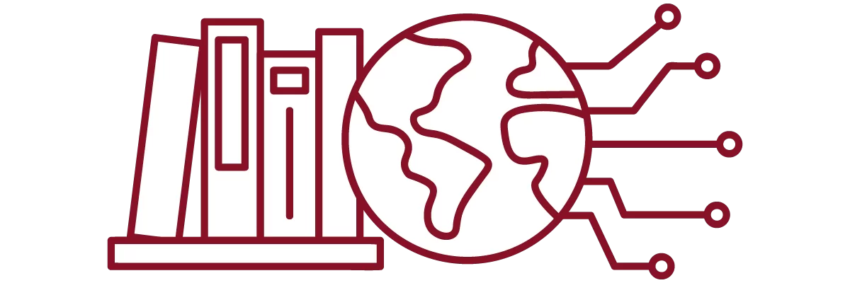 garnet iconography with books on a shelf, globe, and network