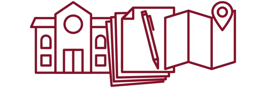 garnet iconography with academic building, stack of papers, and tripfold map with marker