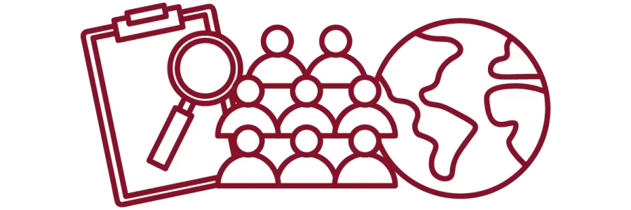 garnet iconography with clipboard, magnifying glass, people, and globe