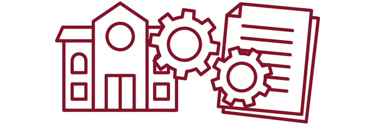 garnet iconography with academic building, interlocking gears, and stack of paper
